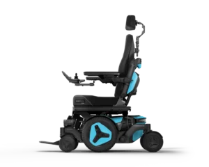 M4 Nexa power wheelchair from Permobil in light blue.