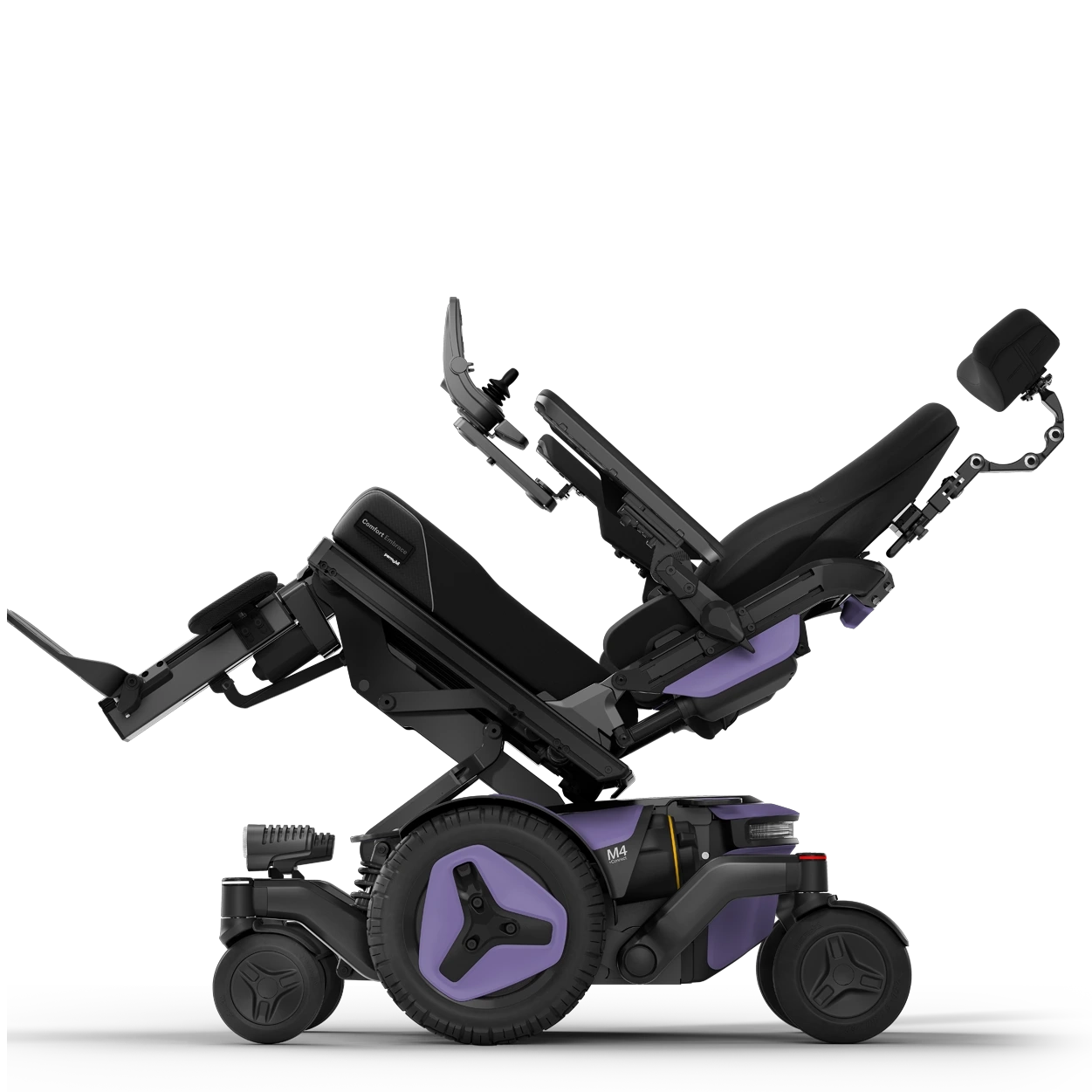 Permobil M4 Nexa power wheelchair side profile shot in mid recline.